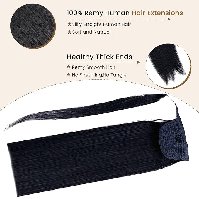 Ponytail Extension Human Hair Ponytail Pony Hair Pieces Clip in Wrap Around Pony Remy Hair Extensions for Women 22 Inch 80G #Natural Black