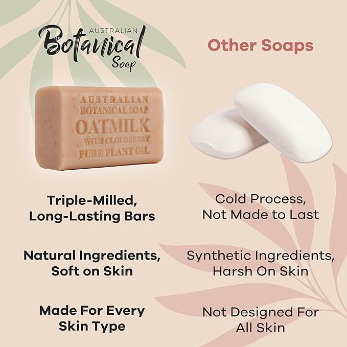 Australian Botanical Soap, 6.6 OZ, Oat Milk with Cloudberry, Triple Milled Bars made with a Natural Soap Base and Enriched with Organic Shea Butter, Pack of 8