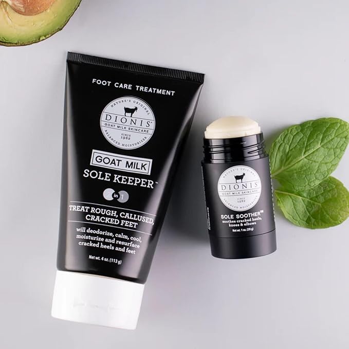 Dionis Goat Milk Skincare Sole Keeper & Soother - Deodorize, Calm, Cool, Moisturize & Resurface Feet-Treats Repairs & Soothes Rough Dry Callused Cracked Skin, Cruelty-Free Cream, 4 oz & .78 oz Set