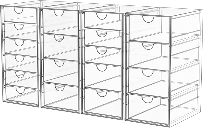 Acrylic Makeup Organizer with 19 Drawers, 4 Pack Clear Storage Drawers, Bathroom Makeup Organizer for Palettes, Cosmetic, and Beauty Supplies,Ideal for Vanity, Cabinet,Desk Organization