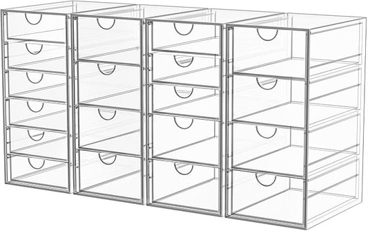 Acrylic Makeup Organizer with 19 Drawers, 4 Pack Clear Storage Drawers, Bathroom Makeup Organizer for Palettes, Cosmetic, and Beauty Supplies,Ideal for Vanity, Cabinet,Desk Organization