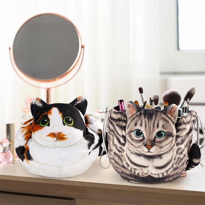 Drawstring Makeup Bag, Cat Makeup Bag, Travel Makeup Organizer, Cosmetic Pouch Bag, Cat Gift for Women, Lay Flat Makeup Bag Gifts for Cat Lovers(2-Pack)
