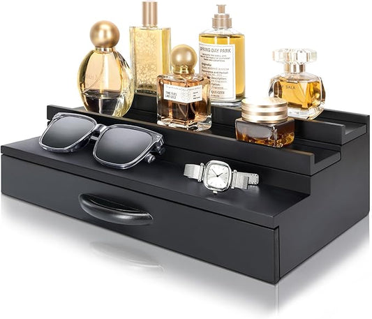 EOSAHR Modern Cologne Organizer for Men - 3 Tier Cologne Display with Storage Drawer - Perfume Organizer with Hidden Compartment - Great Gift for Dad and Boyfriend (Black)