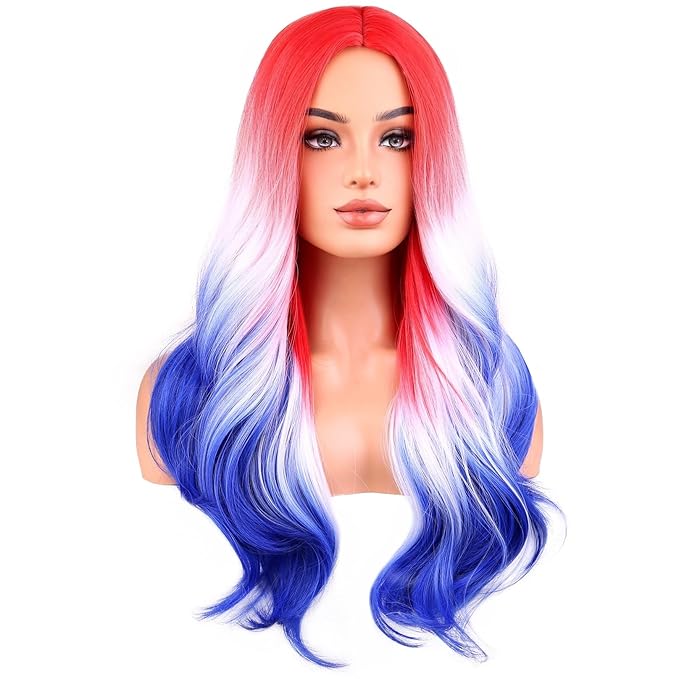 BERON 4th of July Long Wavy Wigs for Women Girls Red White and Blue Natural Curly Wig Flag Heat Resistant Synthetic Hair Wigs for Cosplay Party Costume