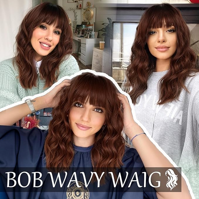 AISI HAIR Synthetic Wavy Curly Bob Wig with Bangs Ombre Reddish Brown Short Hair Wigs for Women Synthetic Heat Resistant Bob Wigs