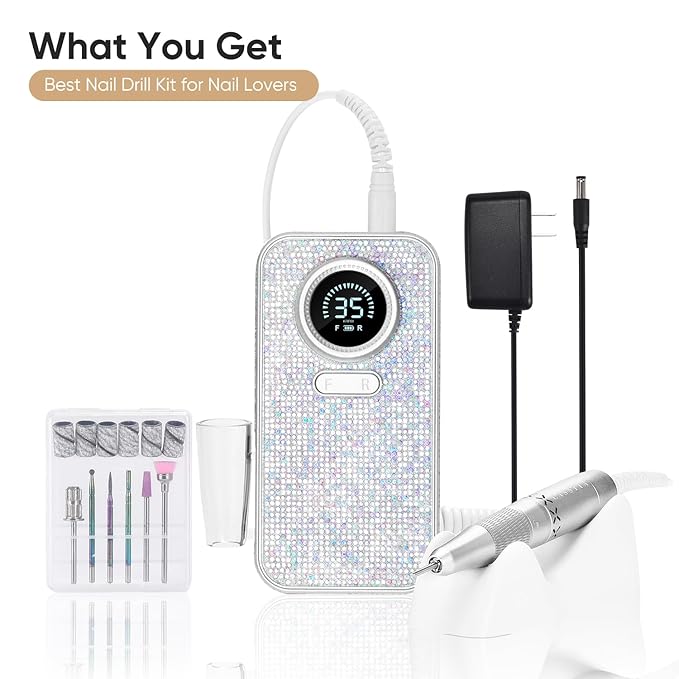 35000RPM Diamond Electric Nail Drill, High Tech Acrylic Fast Removal Cordless Nail Drill with 6 Bits & Sanding Bands for Salon & Home DIY