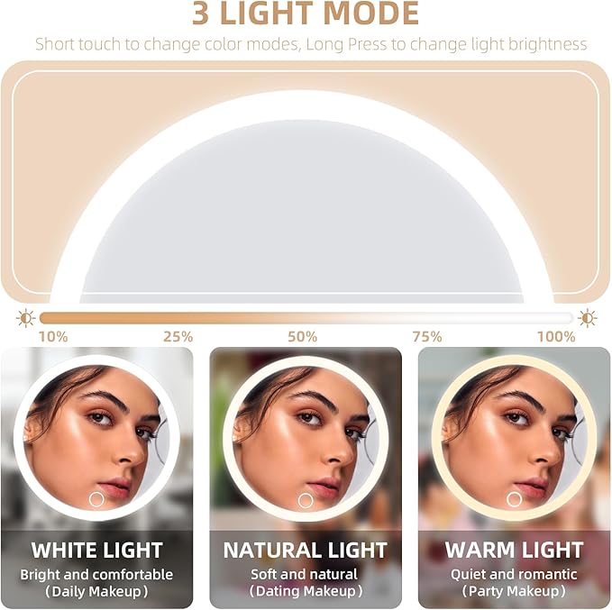 5X Magnifying Mirror with Light, 3 Color Modes Dimmable Light Large 6'' Travel Lighted Magnified Mirror with Suction Cups & Table Stand, with Tweezers & Scissors