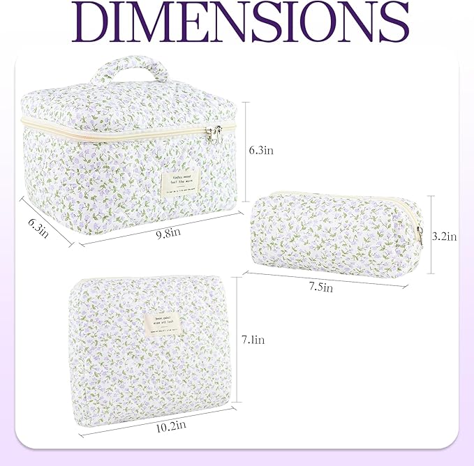Makeup Bag, 3 PCS Quilted Makeup Bag, Cute Floral Cotton Cosmetic Bag set, Coquette Makeup Pouch Large Travel Toiletry Bag