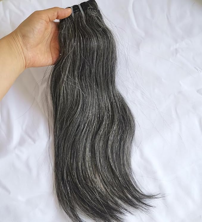 Raw Straight Salt and Pepper Gray Human Hair Bundles Unprocessed 8IN Short Grey Human Hair 1 Single Bundle, 5+ Years Long Lifespan 50% Grey Mixed 50% Black Color Virgin Hair Weave Weft by Clytie