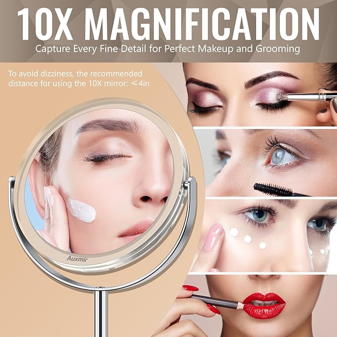10X Magnifying Makeup Mirror, Double Sided 1X/10X Magnifying Mirror, Tabletop Magnified Vanity Mirror with Magnification, 360° Rotation, Stand for Dressing Table, Bathroom, Bedroom