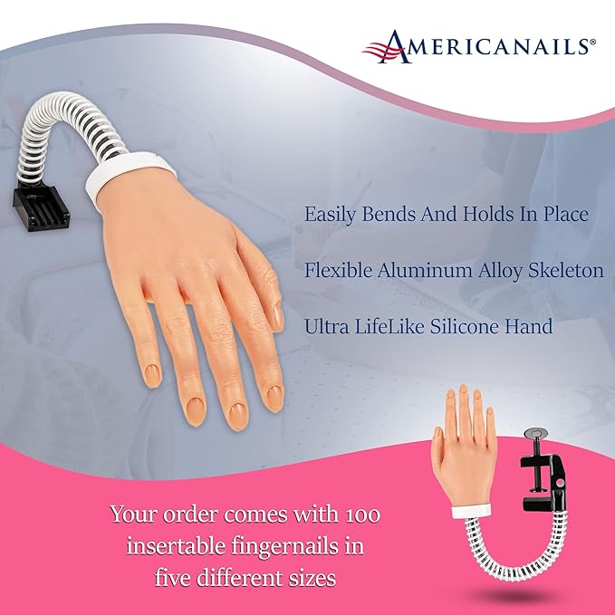 Americanails RealisTech Ultra Lifelike Silicone Practice Hand with FlexiArm for Acrylic Nails – Nail Tech Training Tool, Flexible Practice Hand, Mannequin Hand with Insertable Nails, Practice Nail Art