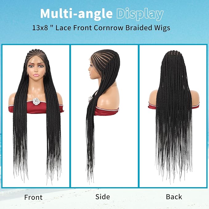 13X8 HD Lace Front Braided Wigs Cornrow Braided Wigs for Women Box Braid Wig with Baby Hair Side Parted Human Hair Blended Braided Lace Front Wigs Black 36 Inch