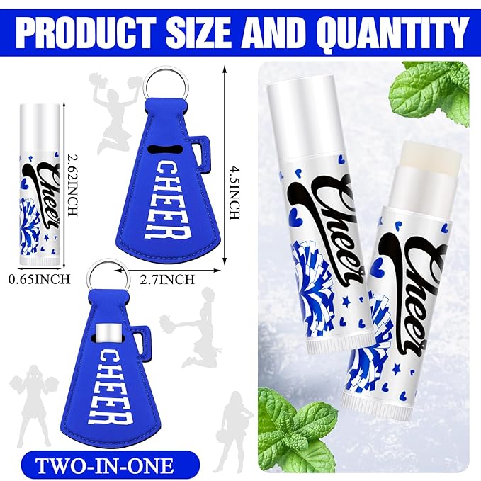 18 Sets Blue Red Cheer Favors Natural Bulk Lip Balm and Moisturizing Lipstick Holder Keychains Set Cheerleader Cheerleading Gift for Team Teen Sports Party Supplies(Blue)