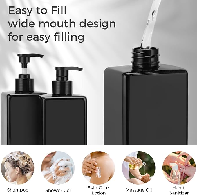 Suream Shampoo and Conditioner Dispenser Set, 3Pack 16.9oz Bathroom Countertop Soap Bottle with 4PCS lables, Plastic Refillable Dispenser with Pump for Kitchen, Office, Travel, Resturant, Black