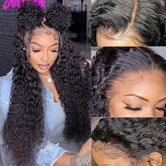 13x4 Deep Wave Lace Front Wigs Human Hair Pre Plucked 180% Density HD Deep Curly Lace Frontal Wigs Human Hair Glueless Curly Human Hair Wigs for Women Natural Black (13x4 Deep Wave Wig, 24 Inch)