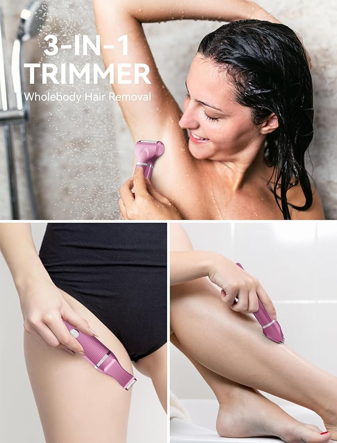 3-in-1 Electric Razor for Women - Waterproof Bikini Trimmer,Rechargeable Electric Shaver for Lady,Pubic Hair Trimmer Women,Personal Trimmer Groomer for Body Hair (Rose Red, RR-2)