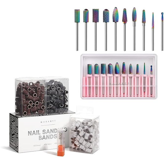 Makartt Nail Drill Bits Sanding Bands for Nail Drill #80#150#240 Grits 300Pcs Nail File Sanding Bands Bundle With 10Pcs Tungsten Carbide Nail Drill Bits