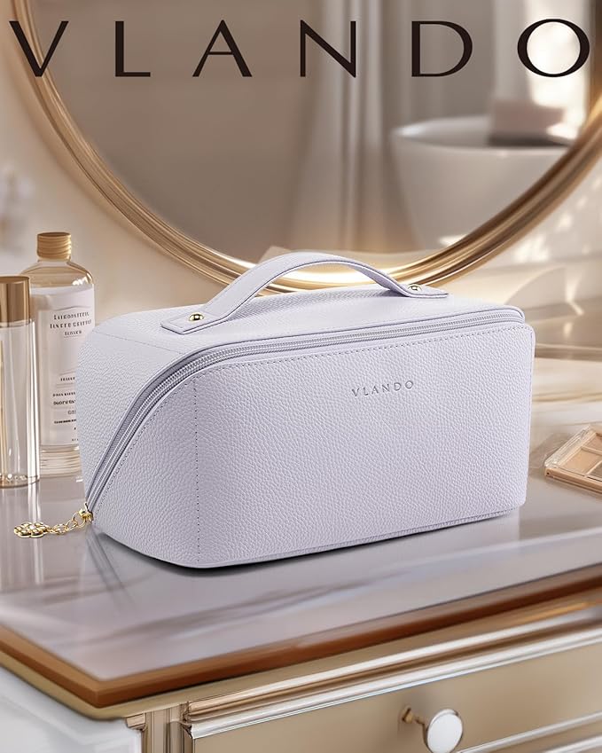 Vlando Makeup Bag,Travel Makeup Bag Waterproof Portable Cosmetic Bag PU Leather Open Flat Make up Organizer for Travelers teen Girls Women,Christmas Gifts for Women(Purple)