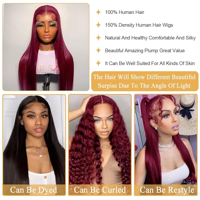 99j Burgundy Lace Front Wigs Human Hair 13x4 HD Frontal Lace Red Straight Wig Pre Plucked Bleached Knots with Baby Hair 150% Density Brazilian Virgin Glueless Wigs for Women Burgundy Lace Front 22inch