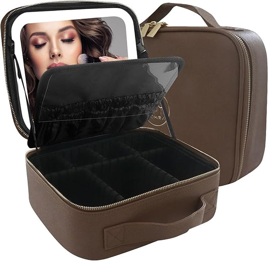 MOMIRA Travel Makeup Bag Cosmetic Bag Makeup Organizer Bag with Lighted Mirror, Adjustable Brightness in 3 Color Scenarios, Waterproof Makeup Train Case, Gift for Women - Brown