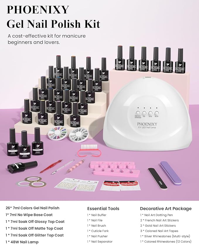 PHOENIXY 47 PCS Gel Nail Polish Kit with U V Light 48W, 26 Classic Colors Gel Nail Polish Set with 4 Bottle Base Top Coat Nail Art Decorations Manicure Tools DIY Salon Home Gifts For Women SS9026