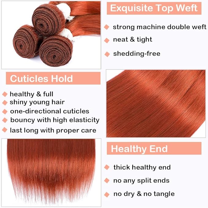 REMY HAIR Straight Burnt Orange 3 Human Hair Bundles with Lace Closure 4ﾗ4 Free Part 100% Brazilian Remy Orange Human Hair Weaves for Black Women Color #350 (14 16 18 + C14)