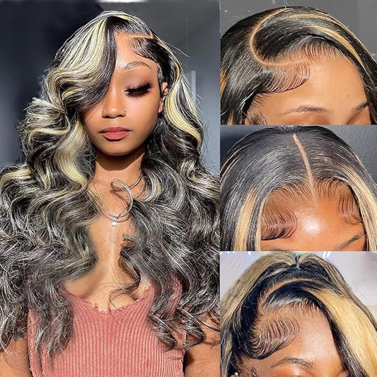13x4 Highlight Black and Blonde Lace Front Wig Human Hair Pre Plucked 1B/27 Ombre Lace Front Wig Human Hair 200% Density Colored Glueless Wigs Human Hair 22 Inch