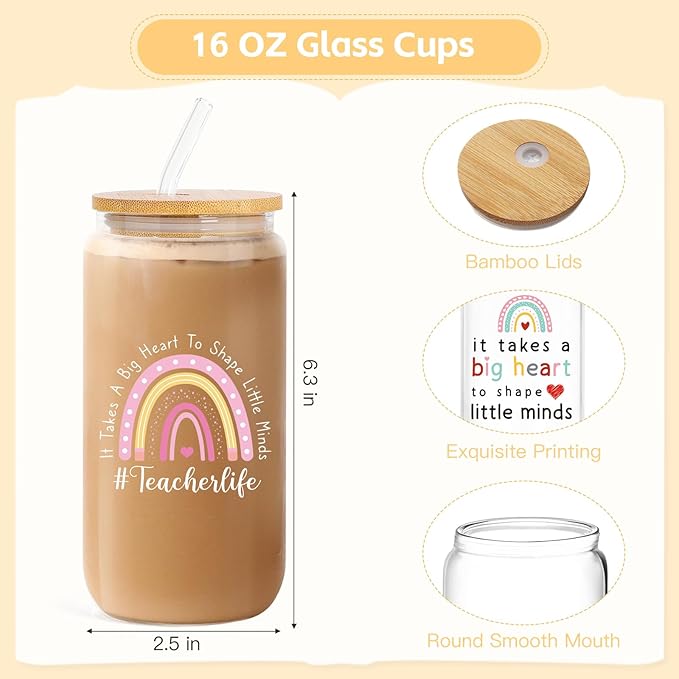 UAREHIBY 12 PCS Teacher Appreciation Gifts In Bulk,Thank You Teachers Gifts for Women with 16 OZ Glass,Teacher Christmas,Valentines Day Gift with Makeup Bag,Key chain,Teachers Gift from Students