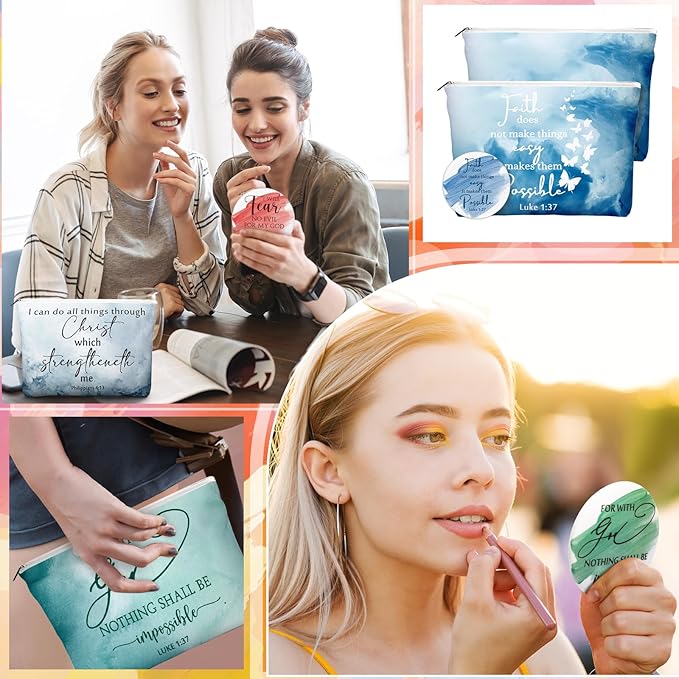 Reginary 20 Sets Christian Gifts for Women Include 20 Religious Canvas Makeup Bags with 20 Bible Verse Compact Mirrors Mother's Day Inspirational Birthday Gift for Mom (Watercolor,Classic Style)