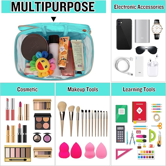 Chenille Letter Clear Makeup Bags Stuff Pouch, Preppy Patch Makeup Bag Zipper with Handle, Transparent PVC & Nylon Waterproof Glitter Cosmetic Handbag Travel Toiletry Storage for Women (STUFF-Green)