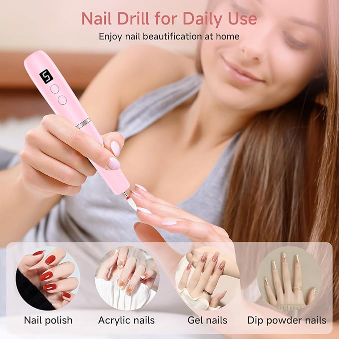 Professional Nail Drill Kit；Rechargeable Electric Nail Filer for Acrylic Nail File，Cordless Nail File Electric for Beginners and Professionals Manicure and Pedicure Set with Rechargeable，Pink
