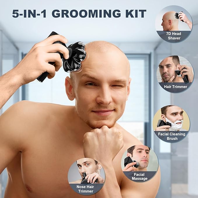 Hexus Head Shavers for Bald Men, Detachable Head Shaver Dry/Wet Bald Head Shaving for Men, IPX7 Waterproof Electric Razor Grooming Kit with LED Display and Type-C Charge, Light Black