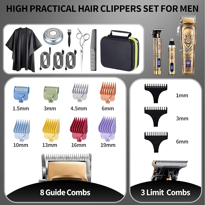 Roziapro Professional Hair Clippers for Men, Hair Trimmer for Men Haircut Cordless Hair Clippers Set with Rechargeable Nose Hair Trimmer, Gifts for Men (Gold)