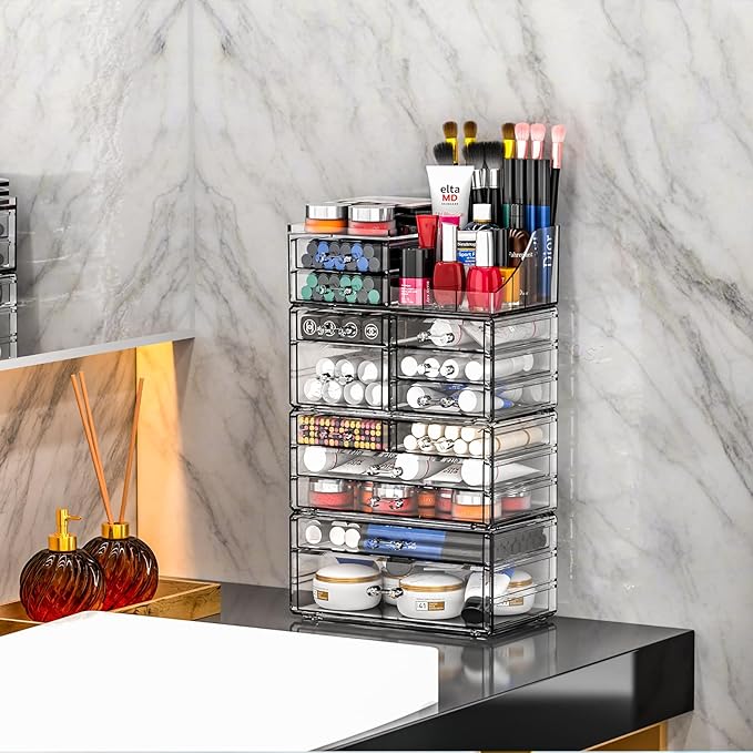 Cq acrylic 4 Pack Clear Makeup Organizer for Counter,13 Drawers Stackable Skincare Organizer,Large Cosmetic Storage Organizer for Jewelry,Hair Accessory,Beauty,Skin Care,Vanity Organizers and Storage