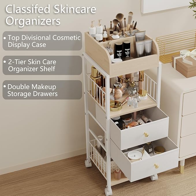 Floor Makeup Organizer Cart - Rolling Makeup Cart with Drawers, Skincare Make Up Organizers and Storage, Cosmetics Display Cases Holder for Skin Care Nail Polish Perfume Makeup Brush (White)