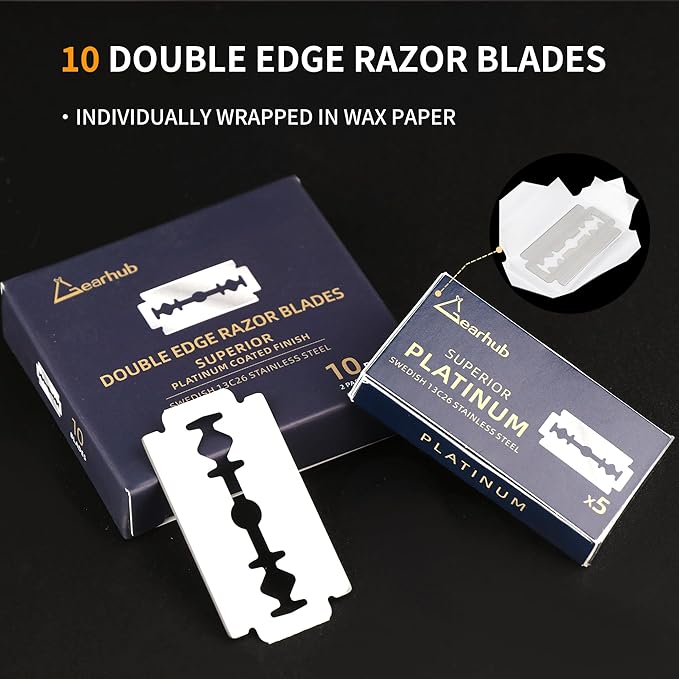Premium 10 Count Double Edge Safety Razor Blades Refills Swedish 13C26 Stainless Steel Platinum Coated, Mild to Medium Sharpness for Smooth Shaves