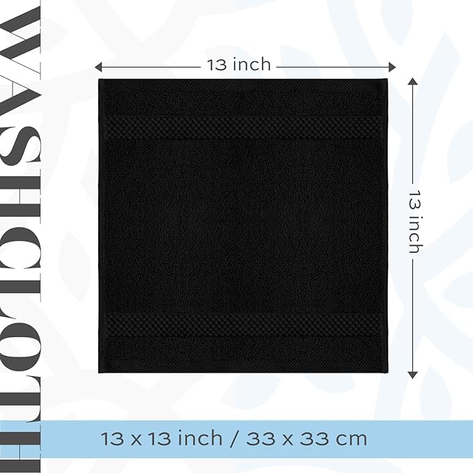 White Classic Luxury Cotton Washcloths Set 12 Pack - Hotel Quality Cleansing Face Towels Set, Black Small Bathroom Hand Towels | 12 Pack | Black