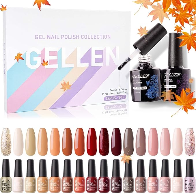 Gellen Gel Nail Polish Kit - Nude Pink Gel Polish Set 16 Colors with Top & Base Coats, Red Orange Brown Glitter Nail Polish Set, Home/Salon Nail Gel Polish Manicure Kit
