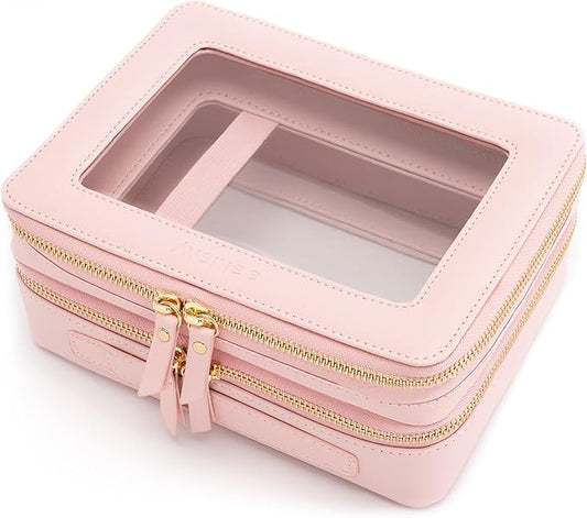Aveniee Large Clear Makeup Bags, Double Layer Cosmetic Bags with Separate Brush Compartment, Travel Toiletry Bag Cosmetic Train Case, Travel Accessories Organizer for Women(2 Layers, Pink)