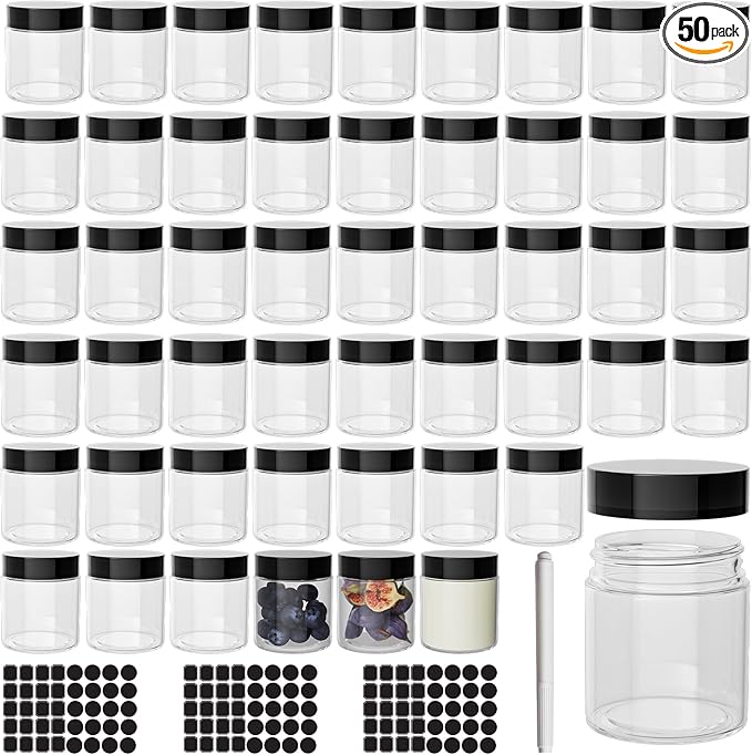 4 oz Clear Plastic Round Jars with Black Lids, 50pcs 4oz 120ml Leak-Proof Wide-Mouth Cosmetic Storage Containers for Kitchen Use, Beauty Products, Cream, Scrubs, Bath Salt and More