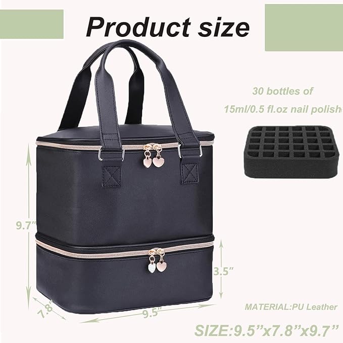 Nail Polish Organizer Case Hold 30+ Bottles (15ml/0.5 fl.oz) and a Nail Lamp, Double-Layer Nail Case Bag Nail Polish Organizer Bag, Nail Supply Organizers and Storage for Nail Tech (BLACK)