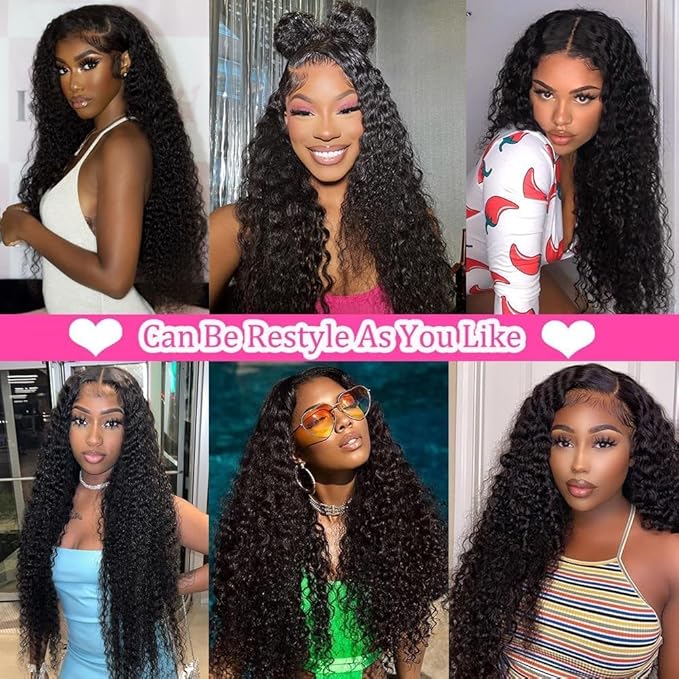 13x4 Deep Wave Lace Front Wigs Human Hair 180 Density HD Full Lace Frontal Wigs Pre Plucked Bleached Knots Curly Human Hair Wig with Baby Hair 20 Inch Wigs for Black Women