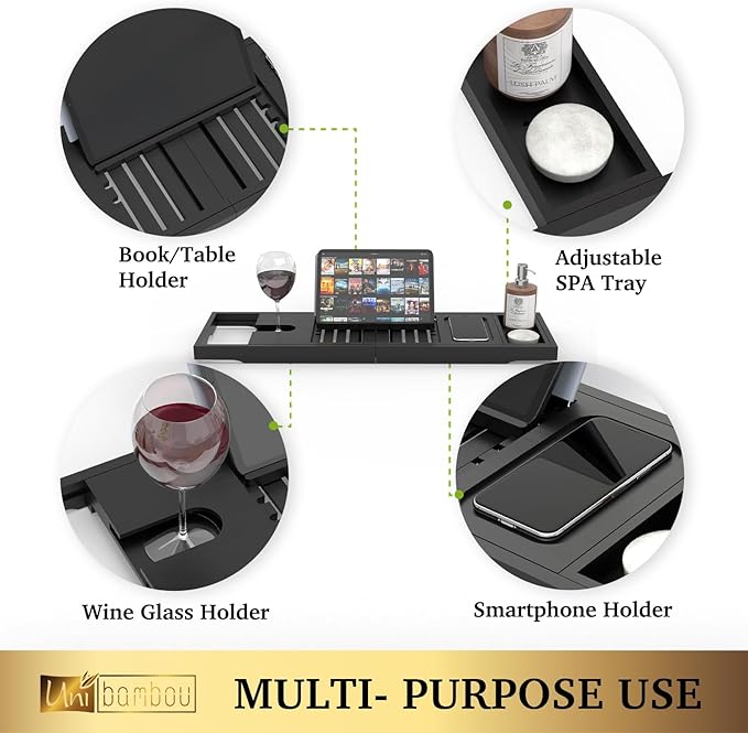 Foldable Bathtub Tray - Expandable Bamboo Bath Caddy Tray for Tub - Luxury Wood Bath Accessories, Perfect Spa Experience for New Home - Unique House Warming Gifts for Mom, Women, Couples