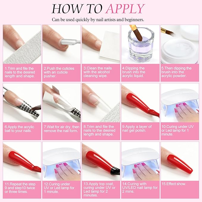 Acrylic Nail Kit for Beginners with Everything 6 Colors Acrylic Powder 4PC Gel Polish 24PC Glitter Powders Professional Nails Kit AcrylicSet with Drill Nail Lamp Manicure for women