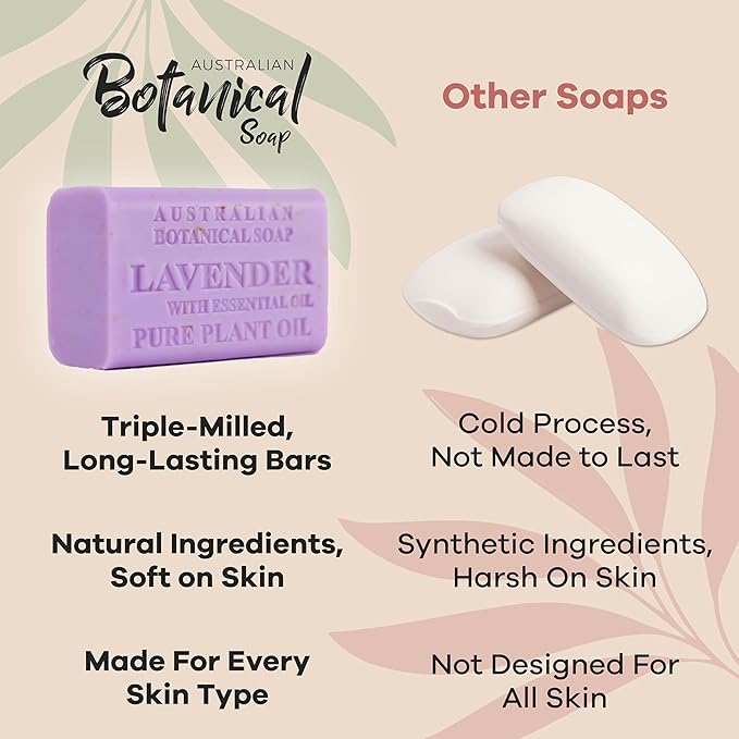 Australian Botanical Soap Essential Medley Eucalyptus Sandalwood Lavender and Tea Tree 6.6 oz Luxury Soap Bars Enriched with Shea Butter, Assorted Pack of 4