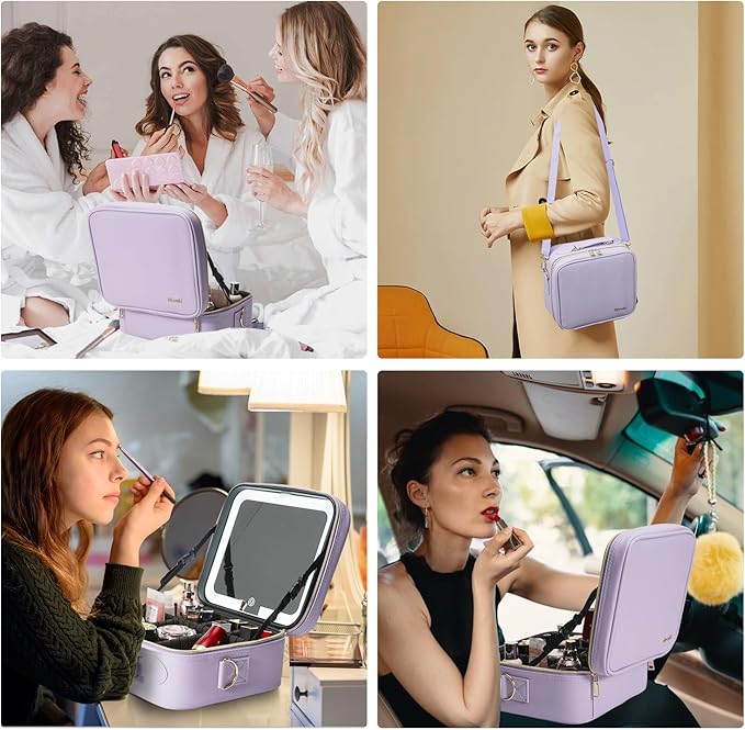 Mocado Travel Makeup Bag with LED Lighted Mirror,Travel Makeup Organizer,Makeup Case with 3 Color Lighted Setting and 10x Magnifying Mirror,Portable Storage and Adjustable Dividers Makeup Box(Purple)