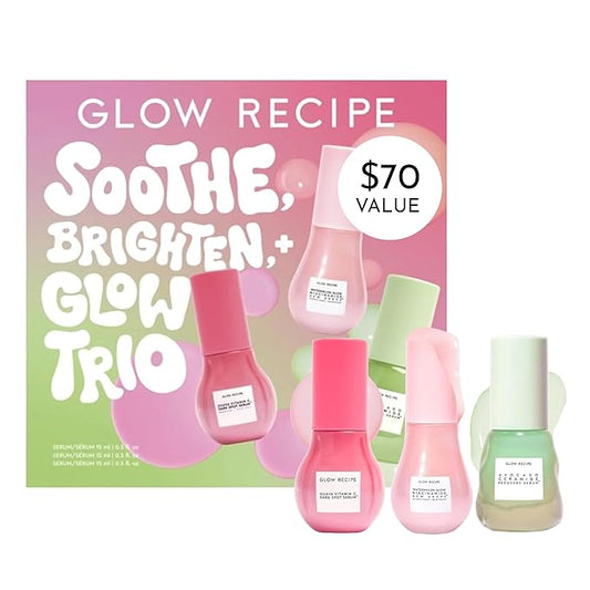 Glow Recipe Soothe, Glow & Bright Gift Set - Dew Drops Hydrating Niacinamide Serum + Avocado Ceramide Barrier Repair + Guava Dark Spot Vitamin C Serum - Korean Skincare Travel Kit (3 Count)