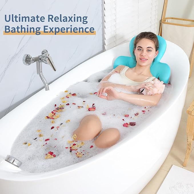 Luxury Bath Cushion, Full Body Bathtub Pillow with 230 Suction Cups, Bath Mat for Head and Neck Support, with Laundry Bag (Blue, 60.2" x 16.2")