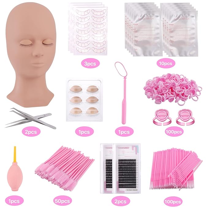 Pretty memory Eyelash Extension Kit for Beginners, Lash Extension Training Kit with Silicone Mannequin Head Removable Eyelids for Makeup and Eyelash Graft Practice