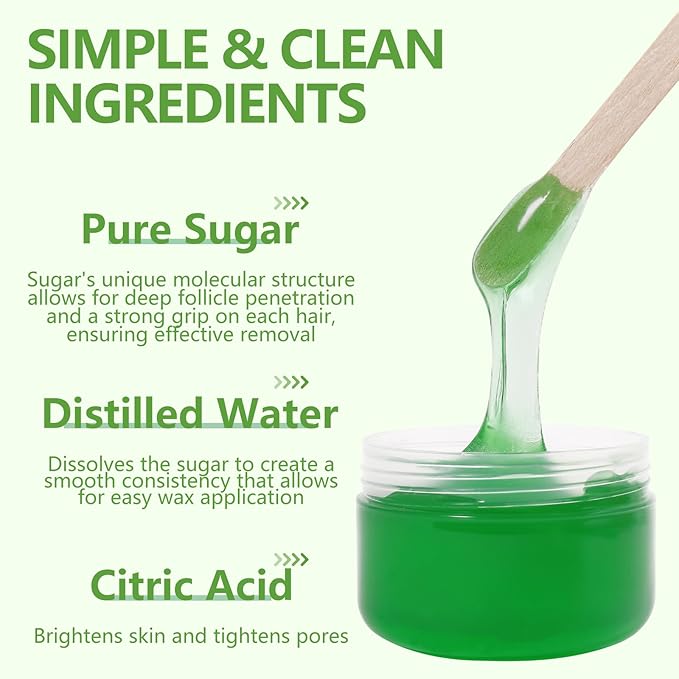 Sugar Wax Kit for Face Eyebrows Hair Removal: 150g/5.3oz Sugaring Paste with 20 Wax Strips & 10 Sticks